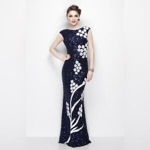 Primavera Couture Midnight Sequin Gown with White Floral Design